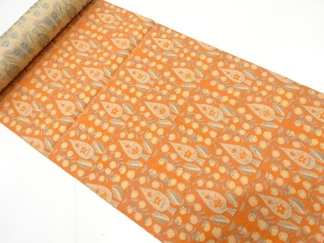 アンティーク　花更紗模様織り出し　八寸帯地反物